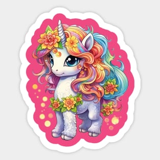 Majestic Harmony: Beautiful Unicorn with Colorful Flowing Mane and Flowers Design Sticker